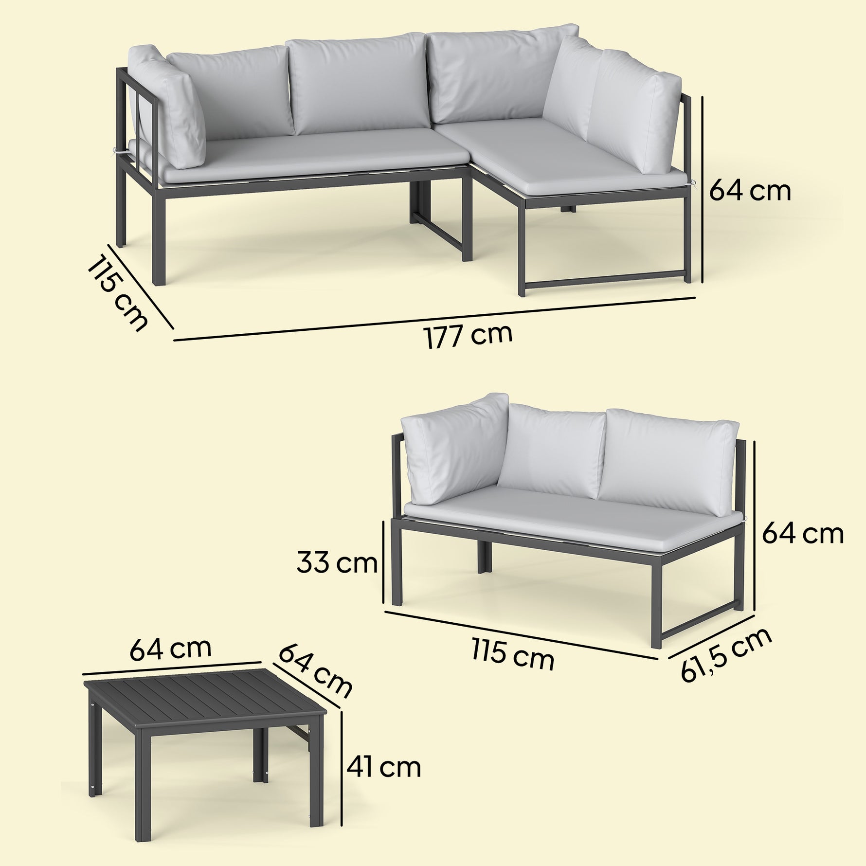 Salon de Jardin Mobilier de Terrasse 3 Pièces 4 Places Modulable avec Accoudoir Réglable Coussins Épais 16cm Gris-2