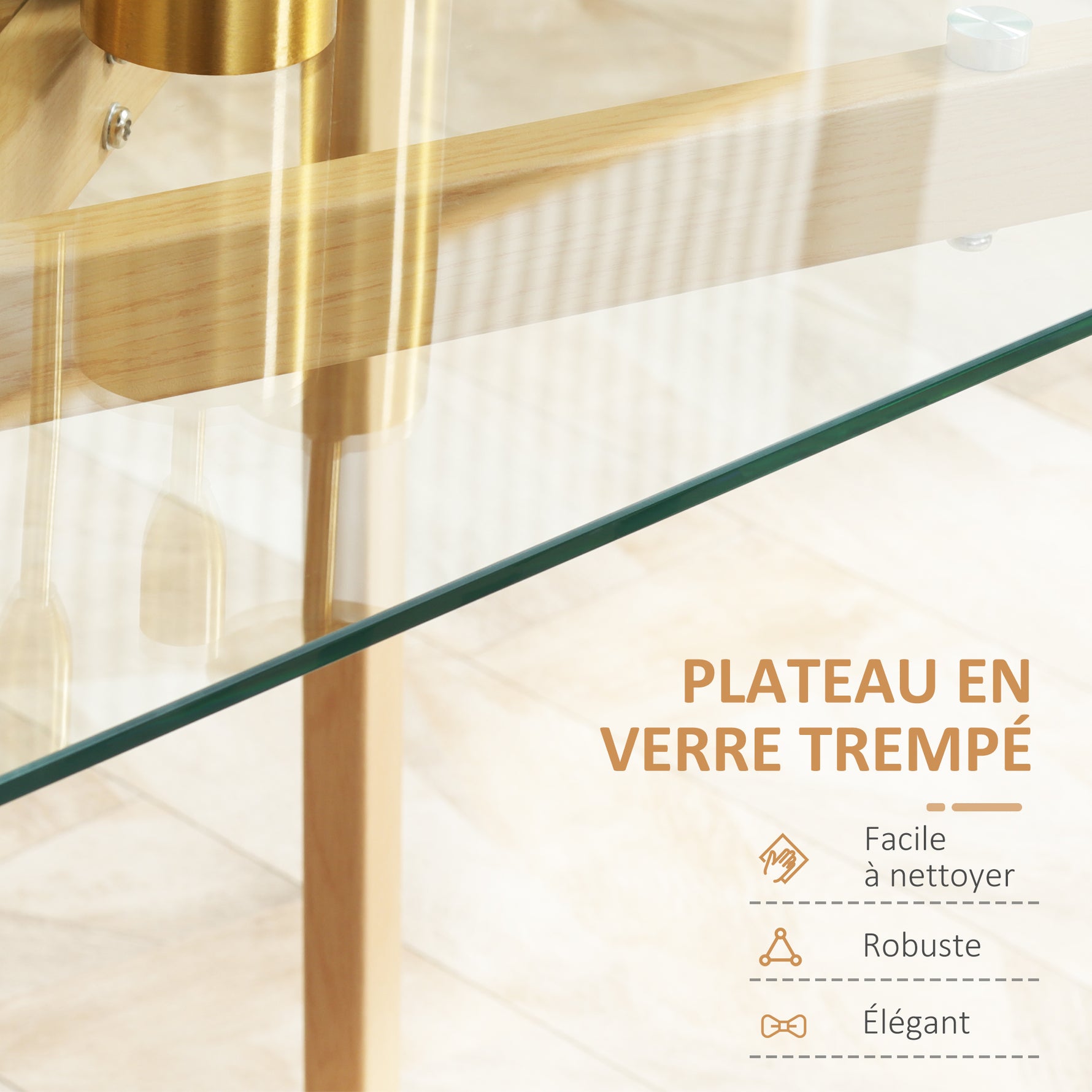 Table à manger pour 4 personnes, 120x60x76cm, table de cuisine, plateau en verre trempé et pieds en acier, transparent