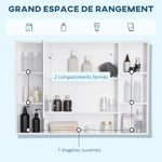 Armoire murale salle de bain avec miroir, meuble salle de bain, 7 étagères ouvertes et placard,100 x 15 x 70 cm, blanc