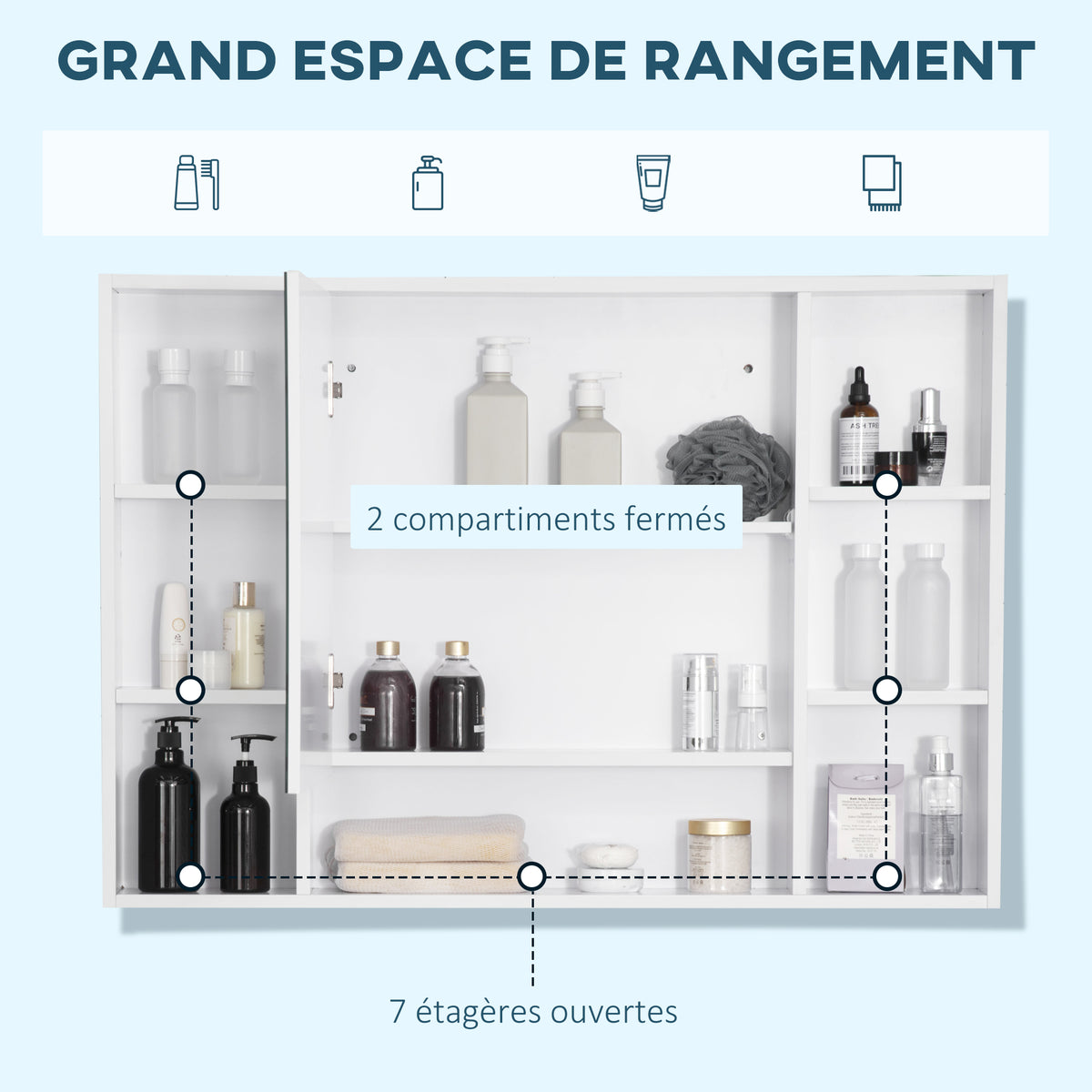 Armoire murale salle de bain avec miroir, meuble salle de bain, 7 étagères ouvertes et placard,100 x 15 x 70 cm, blanc