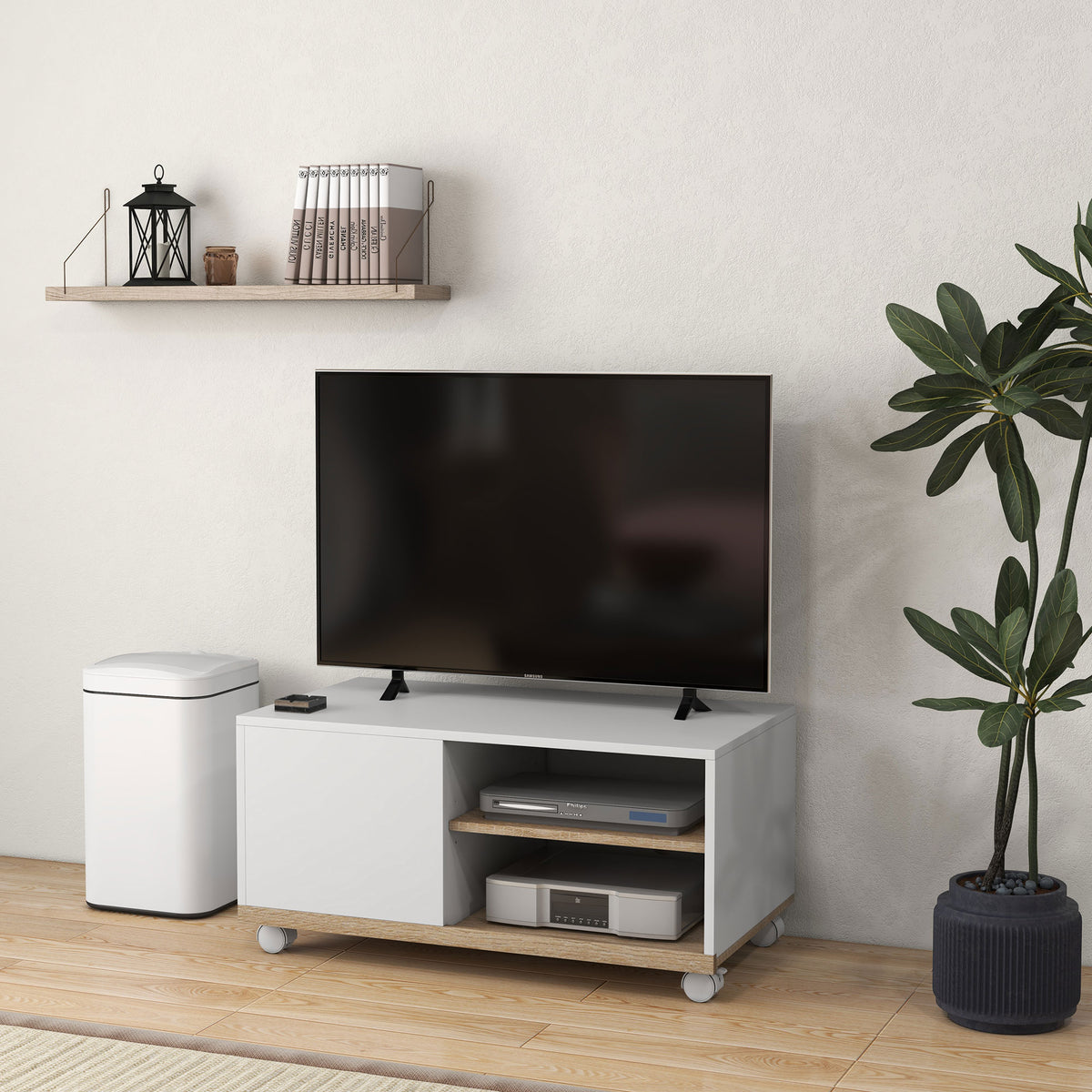 Meuble TV sur roulettes avec 2 Freins - 2 niches + Placard Porte 2 Passe-Fil - en bois Blanc chêne Clair
