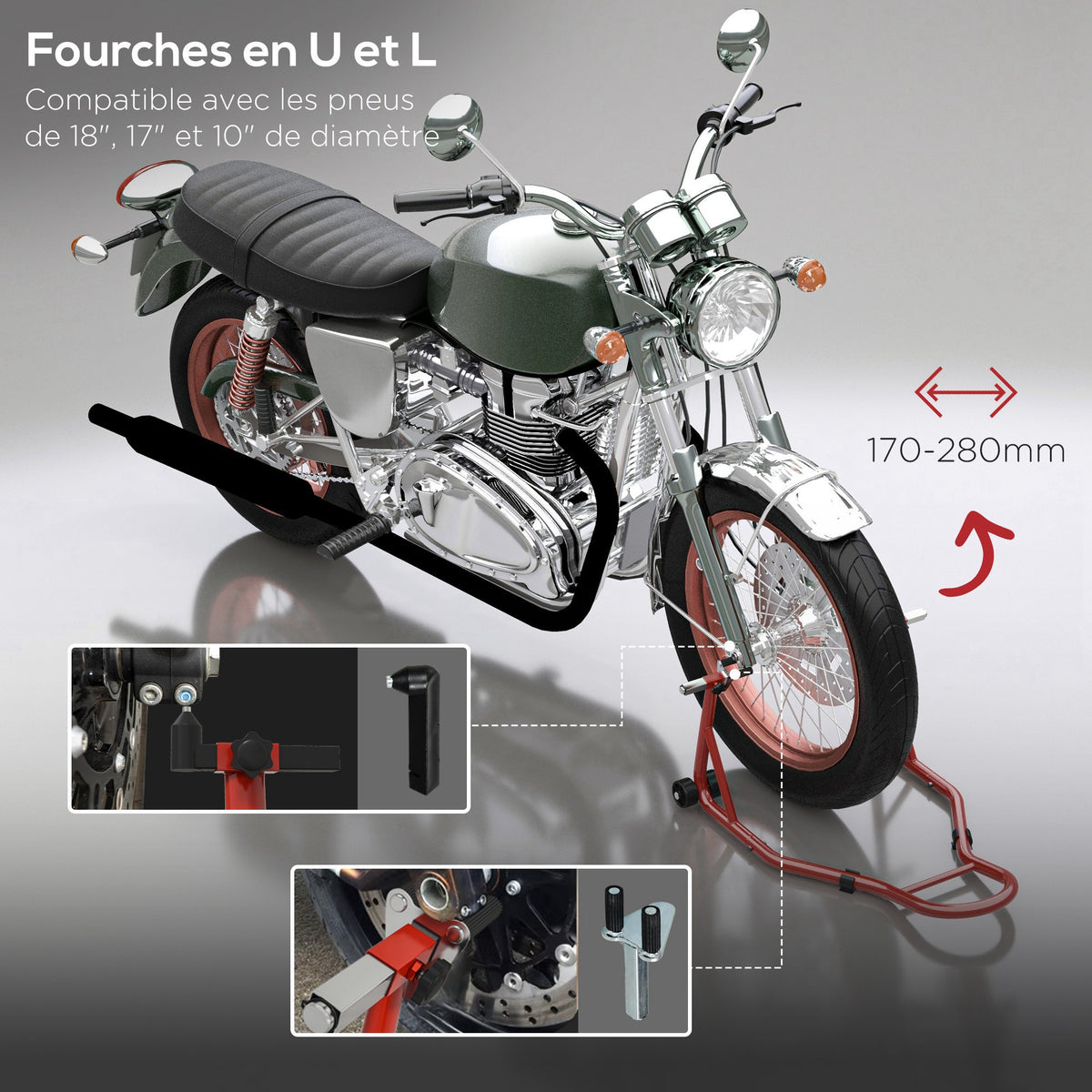 Support pour moto, béquille avant pour moto avec goupille réglable et adaptateurs pour bras oscillant, rouge