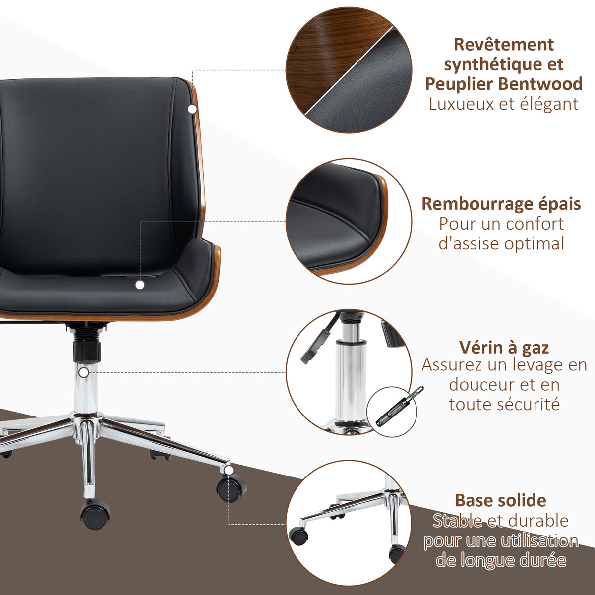 Chaise de bureau design vintage hauteur réglable pivotant 360° piètement chromé 53 x 60 x 86-96 cm gris