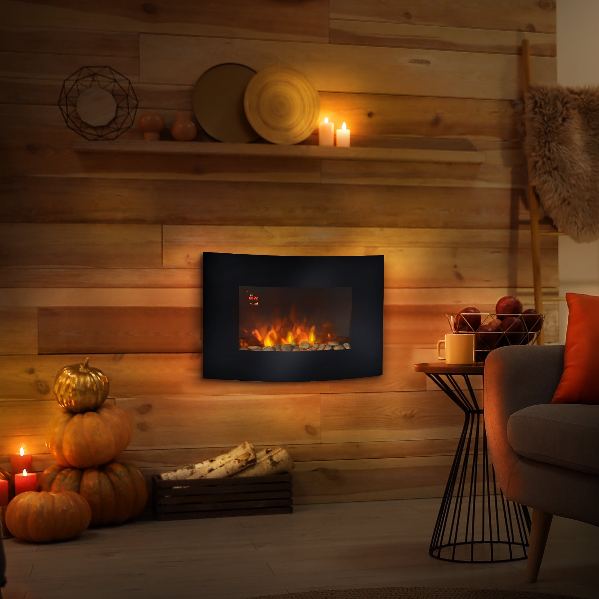 Elektrischer Wandkamin, seitliche LED-Beleuchtung, avantgardistisches Design, LED-Anzeige mit Fernbedienung und Timer, 900/1800 W, einstellbare Helligkeit, Schwarz