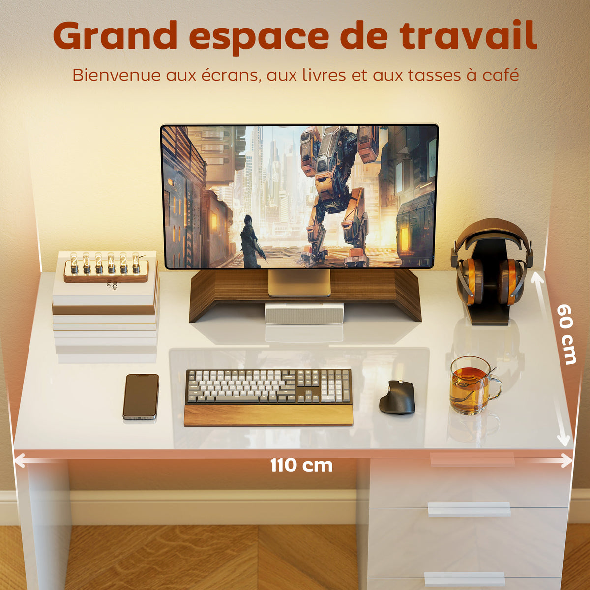 Bureau d'ordinateur à haute brillance avec 4 tiroirs, 110 x 60 cm, bureau avec rangement, style moderne, blanc