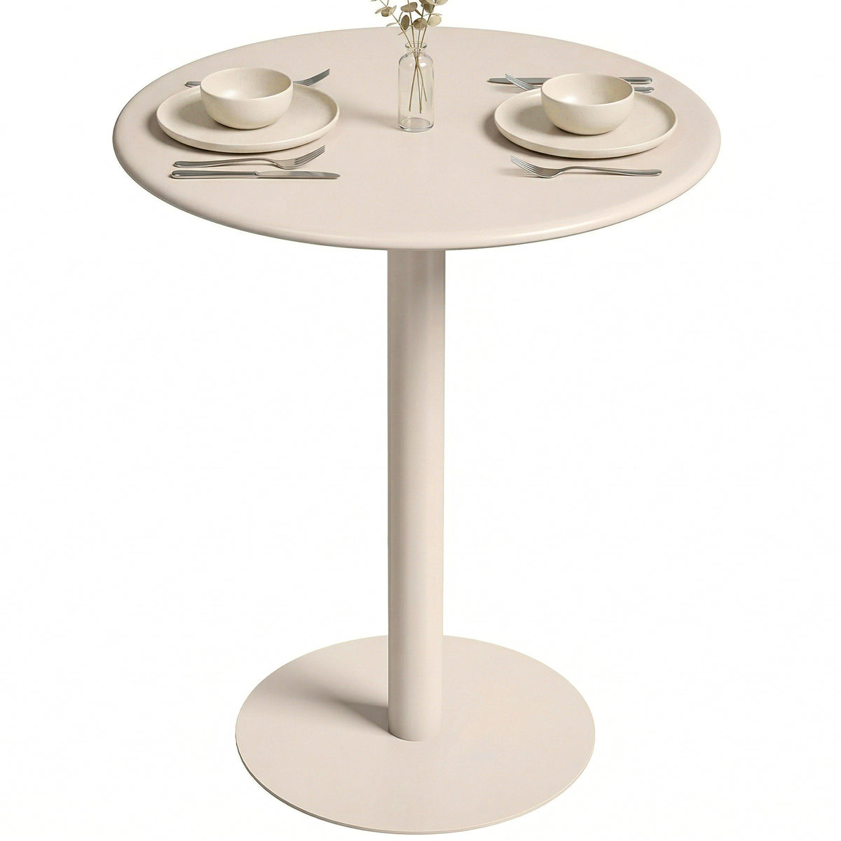 Tavolo da Pranzo Rotondo per 2 Persone Ø60 cm, Moderno con Base Rotonda, Struttura in Acciaio, per Interni ed Esterni, Beige