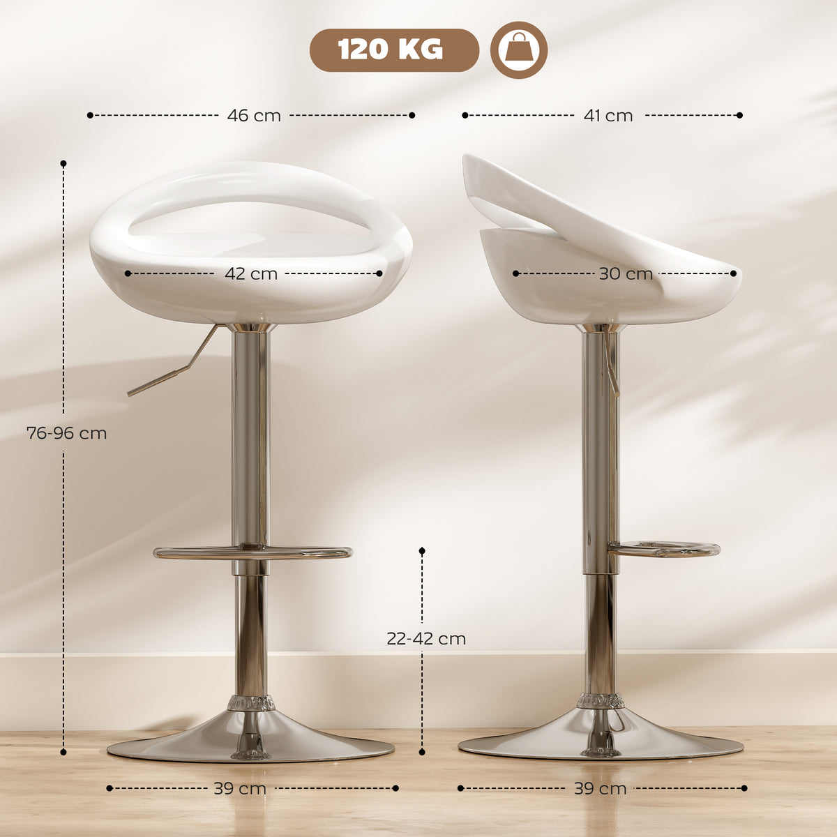 Lot de 2 tabourets de bar chaises de bar hauteur réglable dossier et repose-pieds pivotant à 360° 46x41x76-96cm blanc