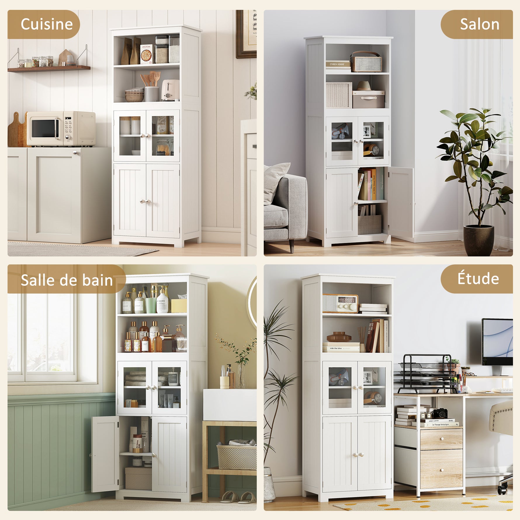 Armoire de cuisine buffet cuisine vaisselier meuble de rangement avec 2 niches, 2 placards avec 4 portes dont 2 portes vitrées, étagère réglable - dim. 60I x 30P x 162H cm blanc