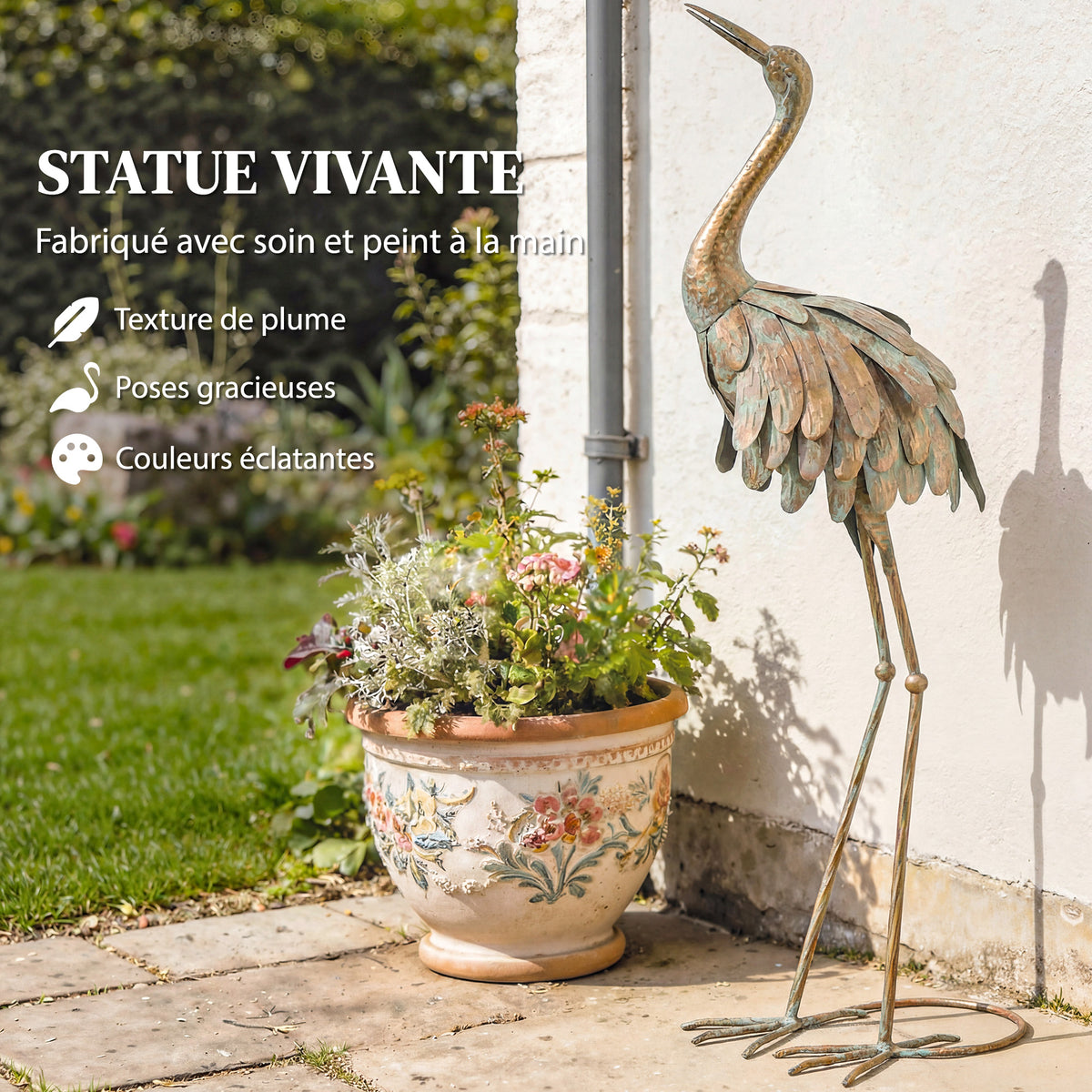 Lot de 2 Statues de Jardin, Sculpture de Héron en Métal, Statues d'oiseaux 91/95cm, pour Cour, Étang, Terrasse, or/bleu