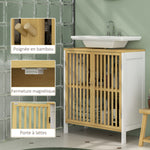 Meuble sous vasque 2 portes avec étagère réglable armoire de rangement pour lavabo 60 x 30 x 70 cm MDF et bambou