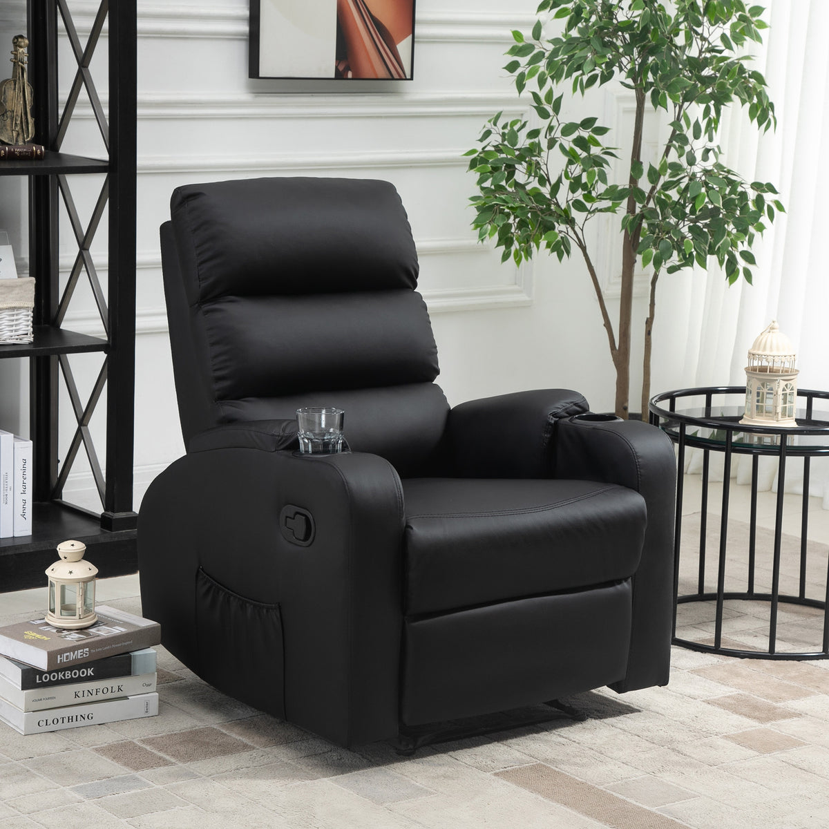Poltrona relax reclinabile con poggiapiedi regolabile, rivestimento sintetico nero