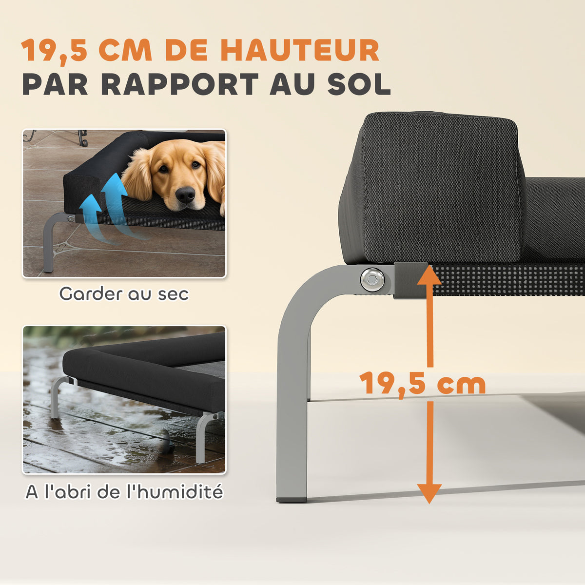 Lit surélevé pour chien rafraichissant, lit de camp pour chiens intérieur extérieur portable, 130 x 90 x 30 cm, noir