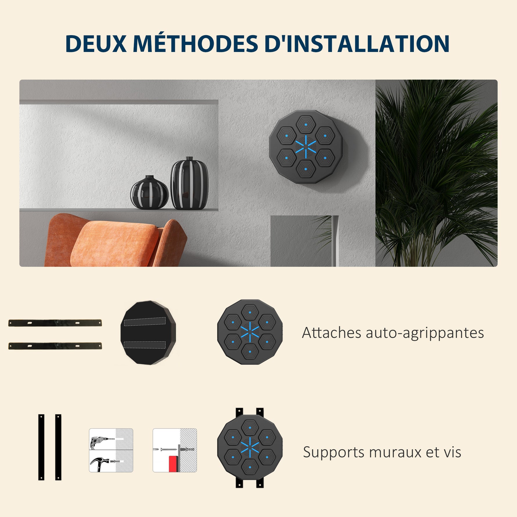 Machine de boxe musicale music boxing machine mural avec bluetooth music 40 x 40 x 7,5 cm, noir