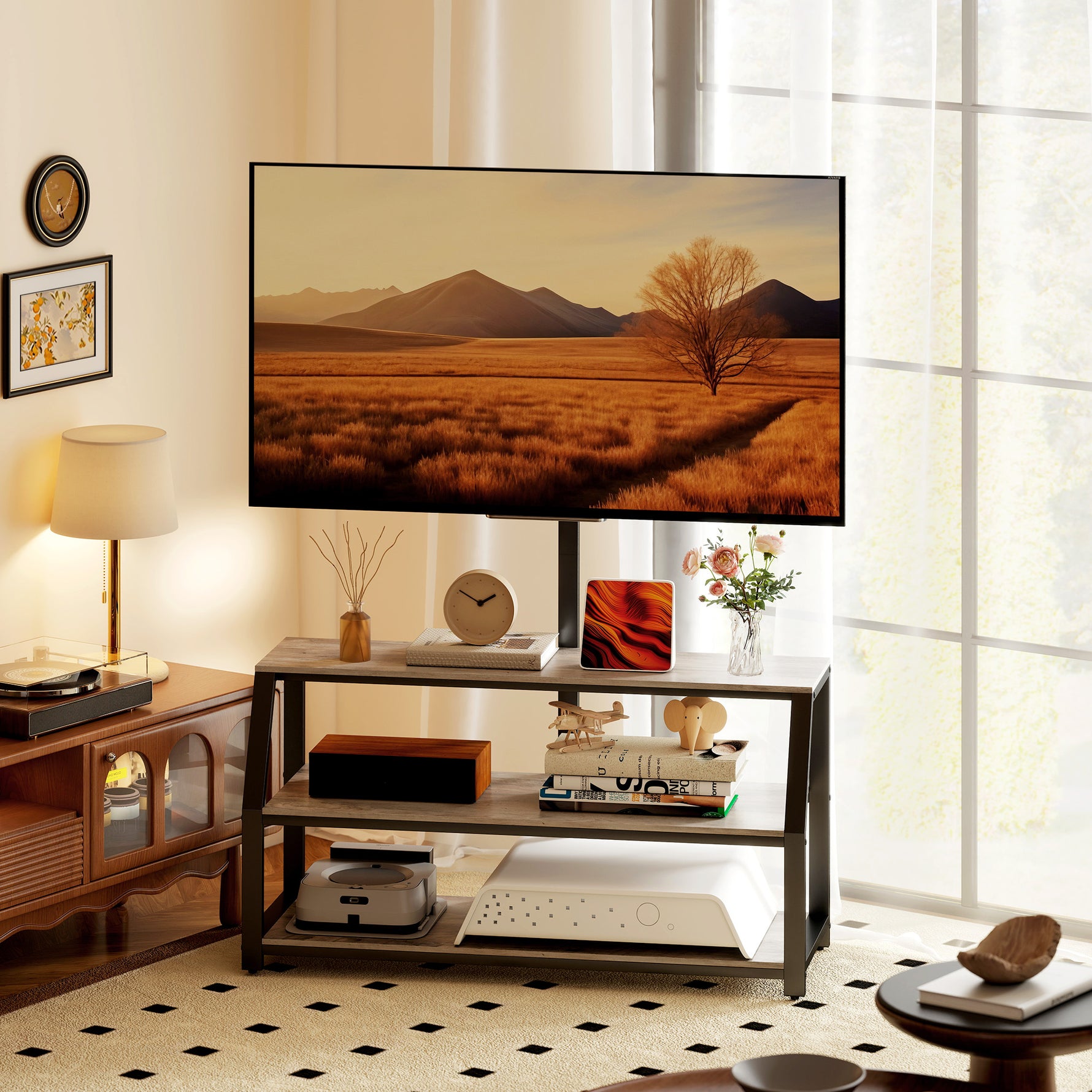 Meuble TV avec support pour téléviseurs jusqu'à 72 pouces, meuble télé avec 2 étagères ouvertes, 110x43x150cm, gris