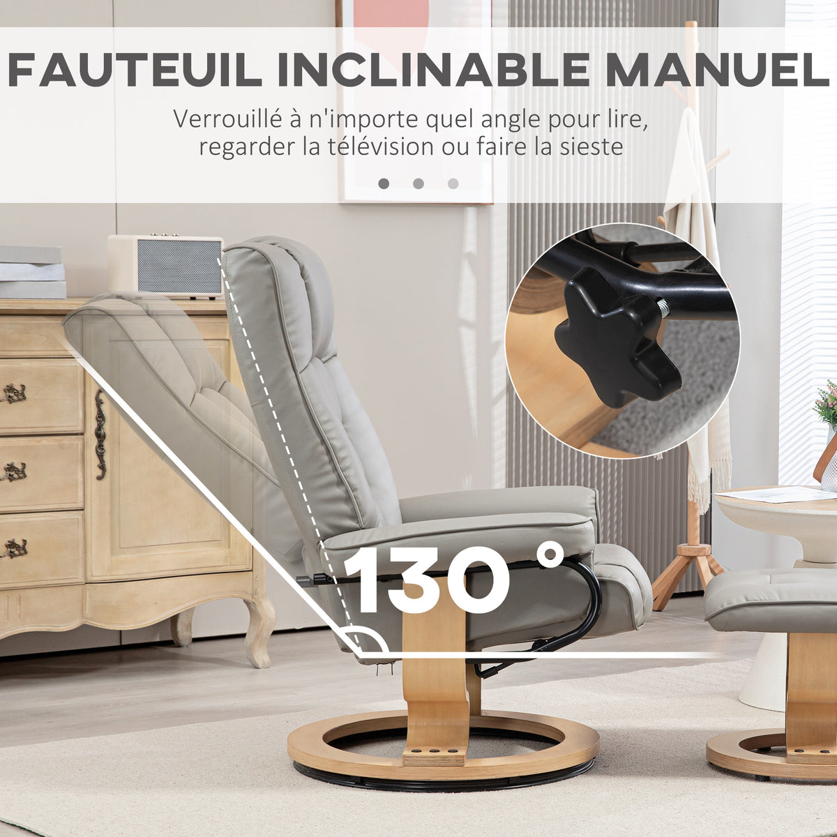 Poltrona relax reclinabile con poggiapiedi, girevole, struttura in legno, rivestimento sintetico grigio