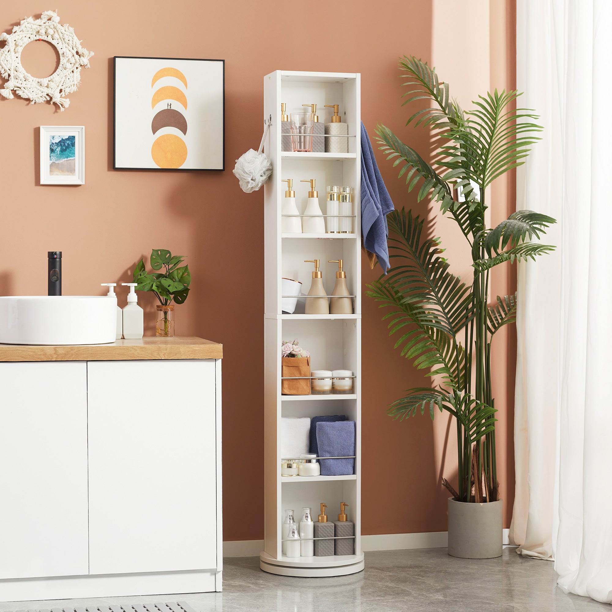 Mobile a colonna per bagno girevole con specchio 6 ripiani 36 x 36 x 171 cm bianco