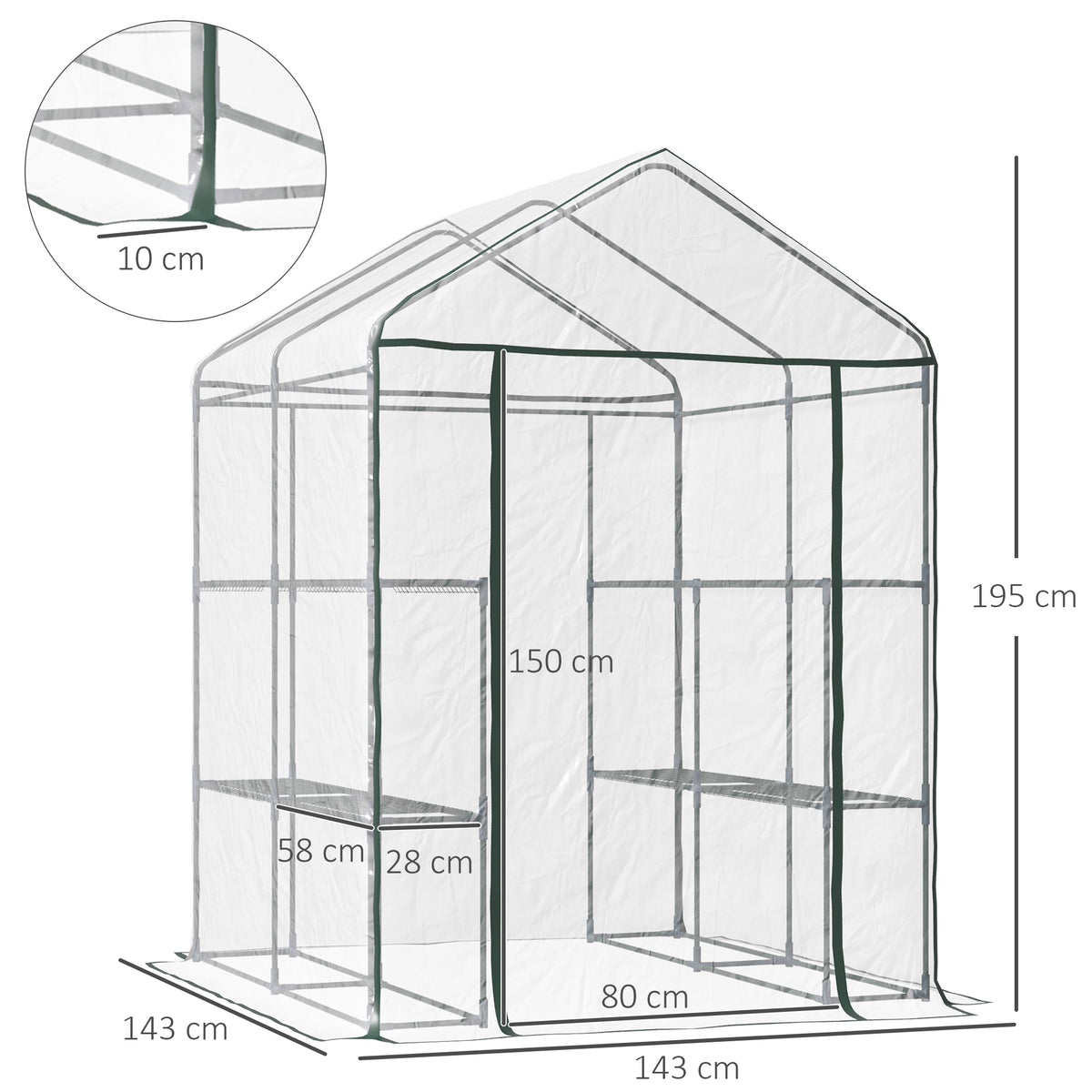 Serre de jardin avec étagères 3 niveaux, serre de balcon, châssis en acier, porte zippée enroulable, pour légumes plantes fleurs, intérieur et extérieur, 143x143x195cm, transparent