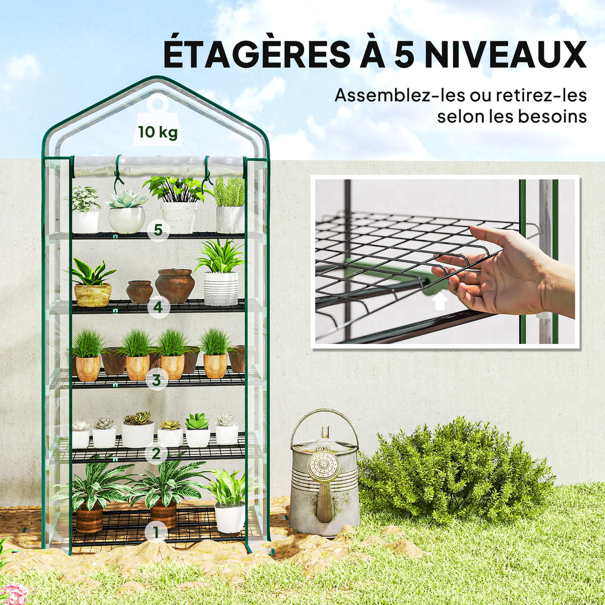 Serre de jardin PVC avec étagères 5 niveaux, serre de balcon, châssis en acier, porte zippée, 90x49x193cm, transparent