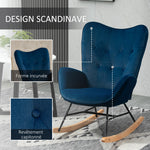 Fauteuil à Bascule, Rocking Chair, fauteuil allaitement confortable avec Structure en bois massif et métal pour Salon, Chambre, Balcon, Velours Bleu