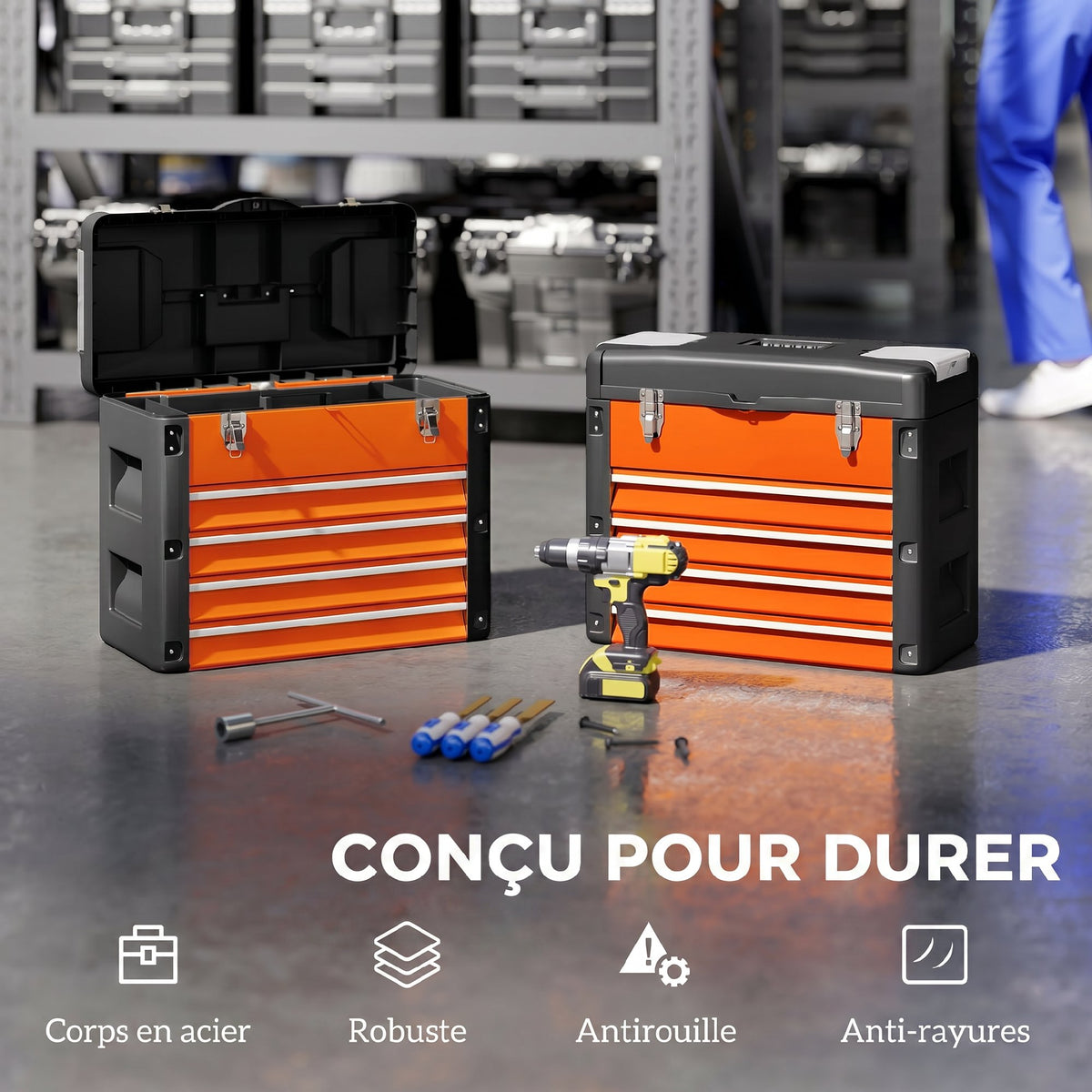 Boîte à Outils à 4 Tiroirs, Caisse à Outils en Acier Thermolaqué avec Plateau Amovible, 49,7x25,3x40,7cm, Orange