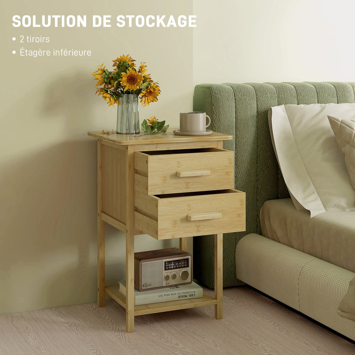 Lot de 2 tables de chevet table de nuit en bambou avec 2 tiroirs et 1 étagère 40 x 34 x 60 cm naturel