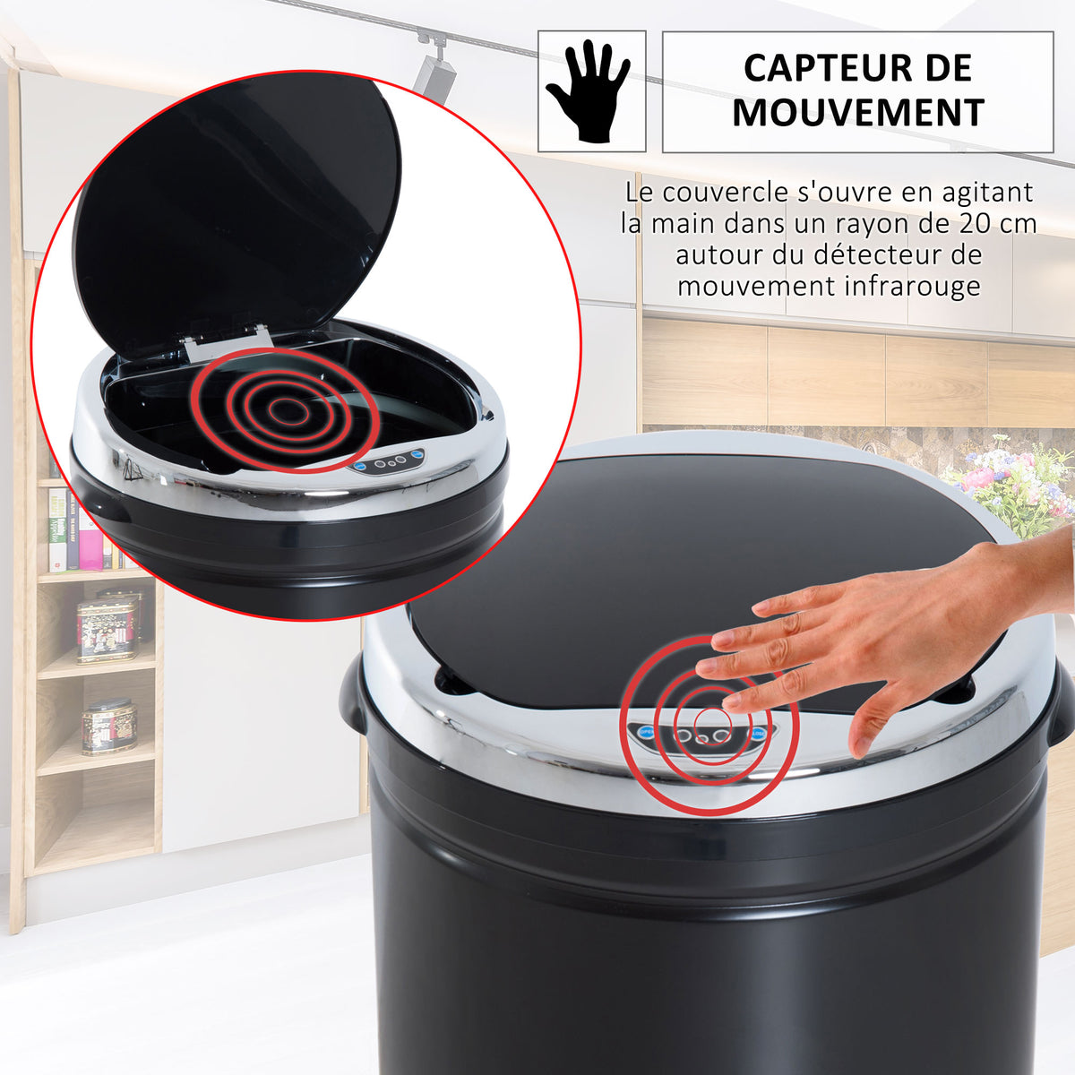 Poubelle à capteur de mouvement ouverture automatique 1 bac de 50 L en acier inoxydable noir