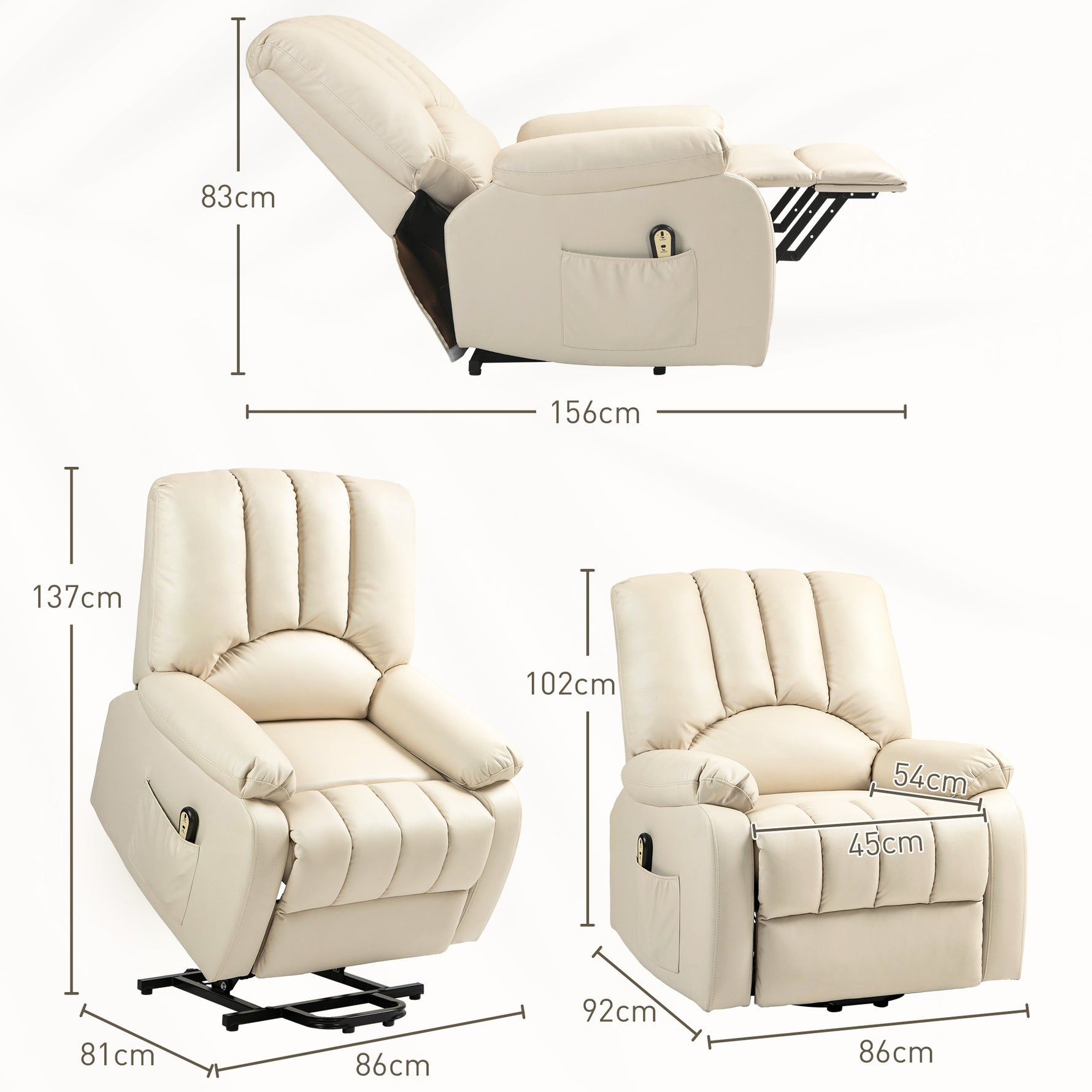 Fauteuil relax inclinable électrique releveur avec repose-pied et télécommande 86 x 92 x 102 cm Beige