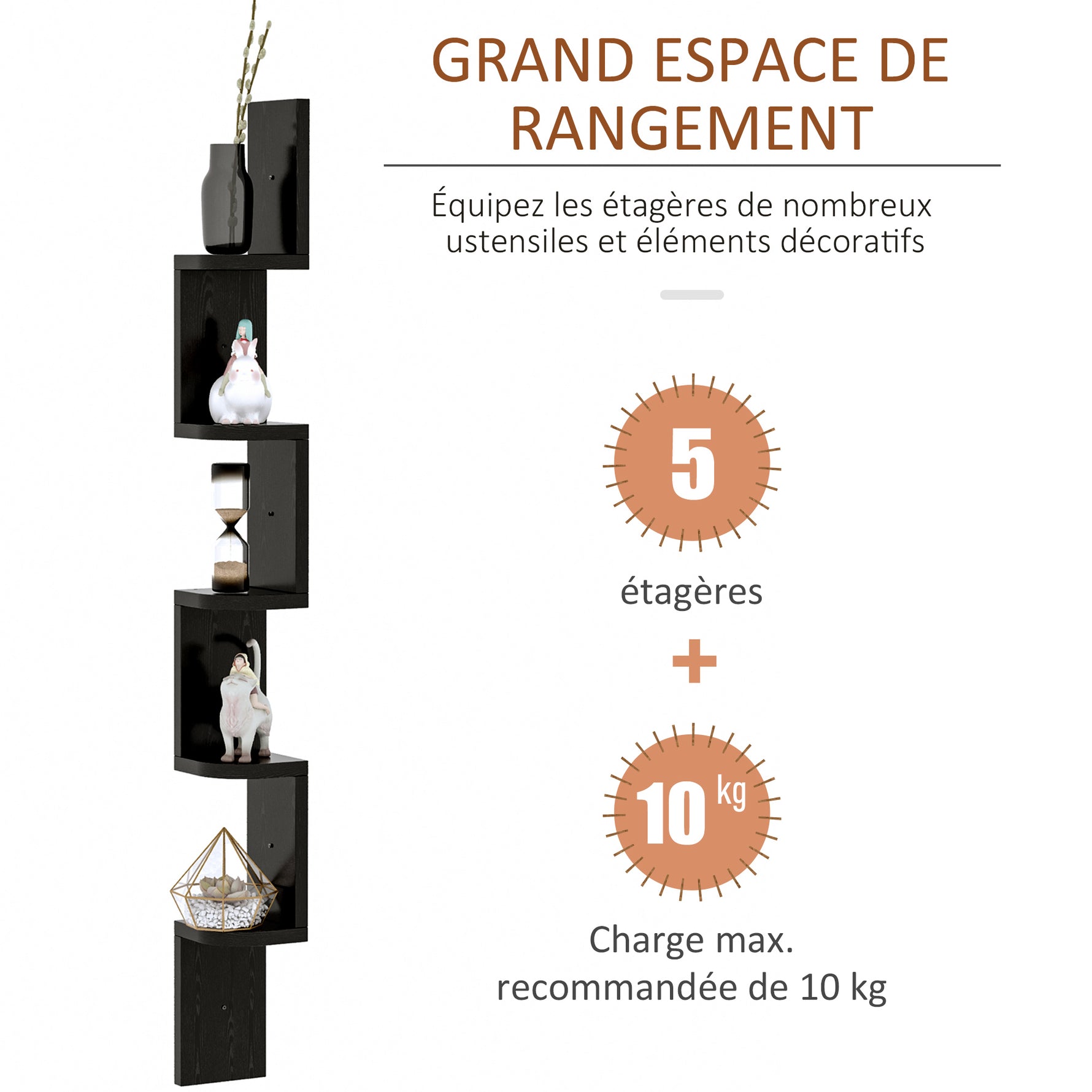 Étagère d'angle Murale à 5 Niveaux Hauteur 120 cm Forme de Zigzag en Bois Noire