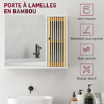 Armoire de salle de bain avec miroir, étagère, porte à lattes en bambou et étagère réglable, blanc