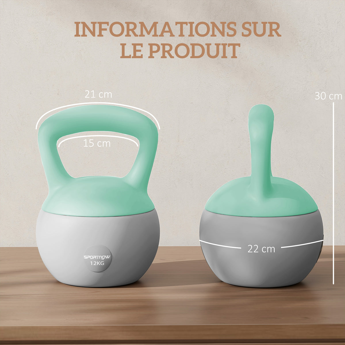 Kettlebell 12 kg haltère avec poignée antidérapante pour fitness musculation cardio, 21 x 21 x 30 cm, gris et vert