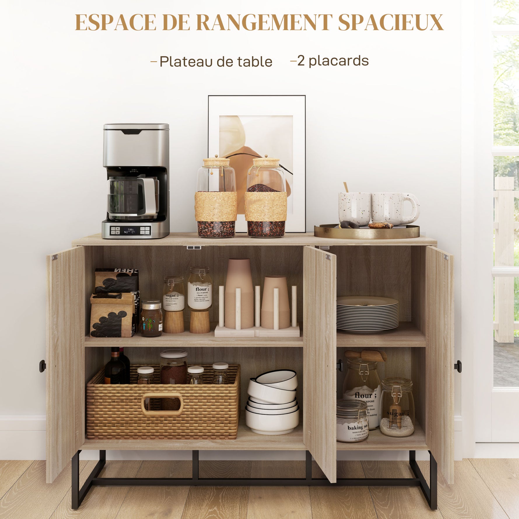 Buffet salon meuble de rangement armoire de cuisine avec placard 2 portes et étagères réglables 108 x 40 x 80 cm, chêne