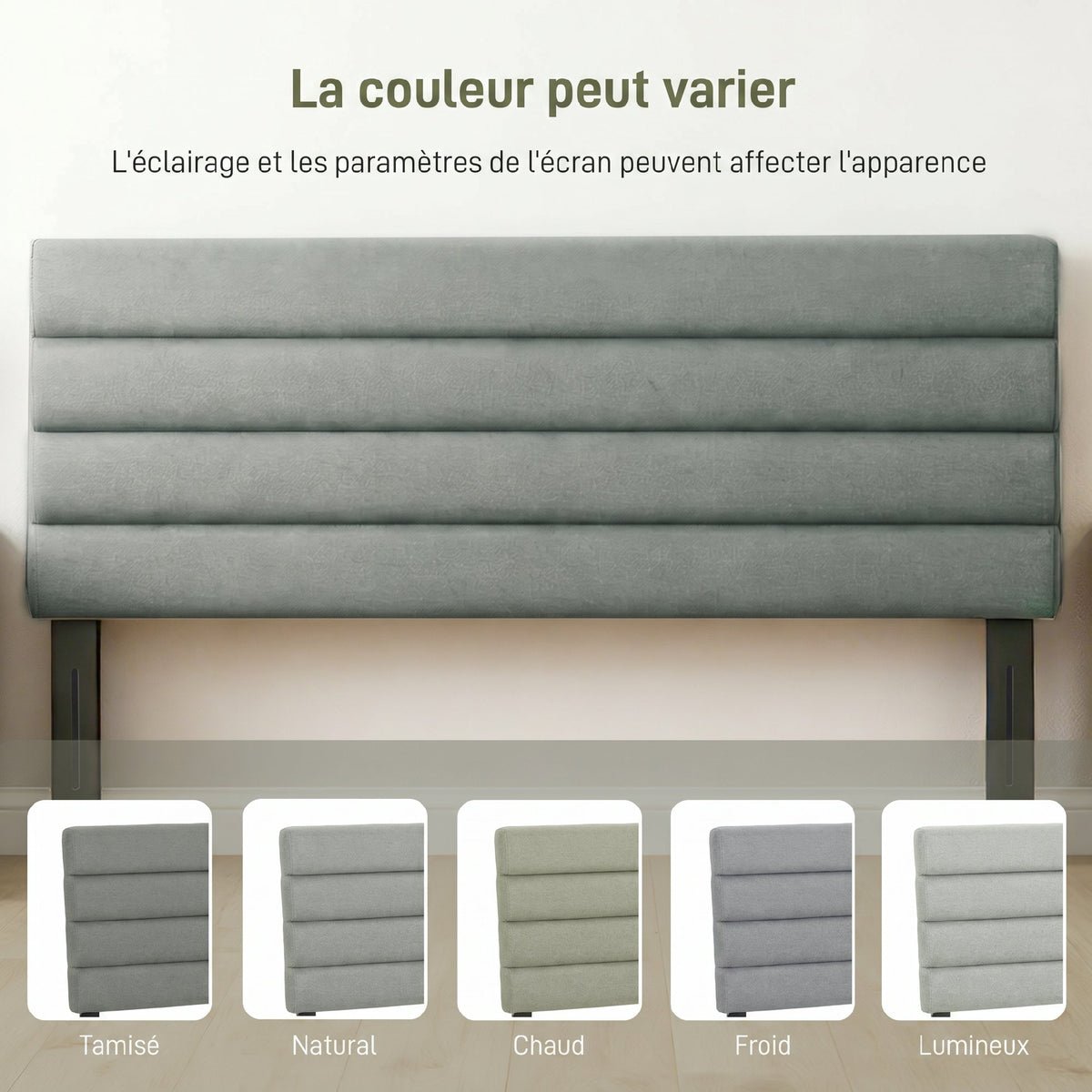 Tête de Lit Capitonnée, Hauteur Ajustable en 3 Niveaux avec Pieds en Métal pour Chambre, 140 x 10 x 106/116/126 cm, Gris