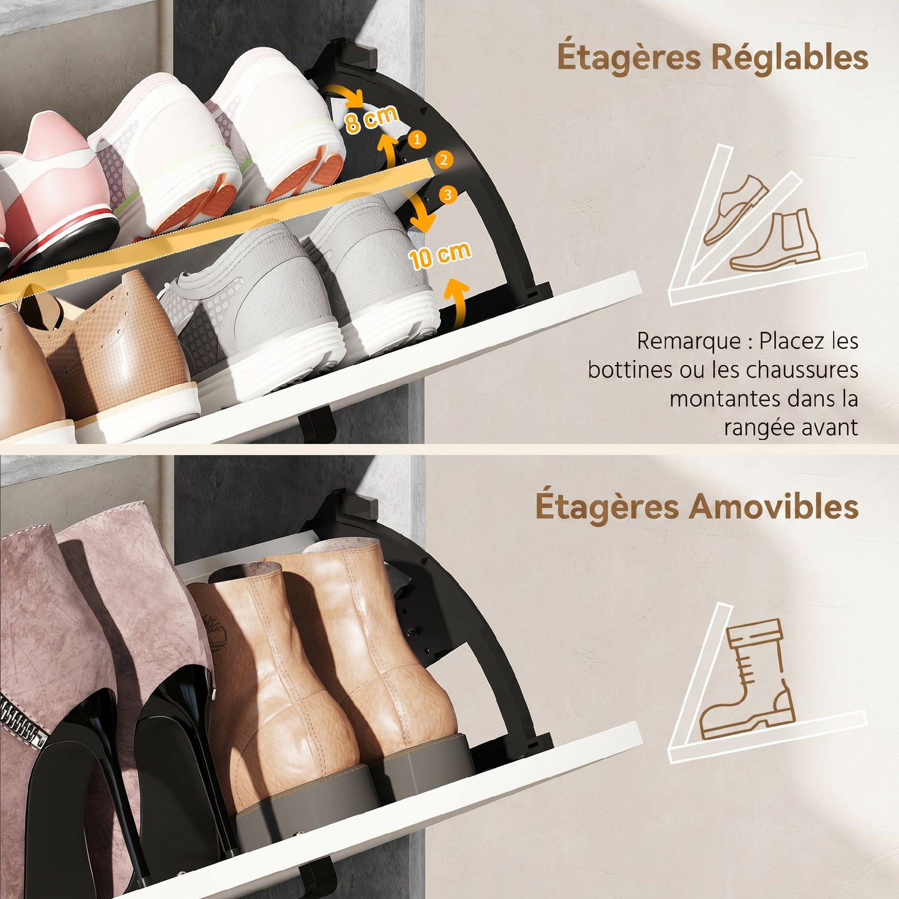 Meuble à chaussures 15 paires, armoire à chaussures moderne avec 2 tiroirs rabattables, 83x24x90,5cm, blanc et gris
