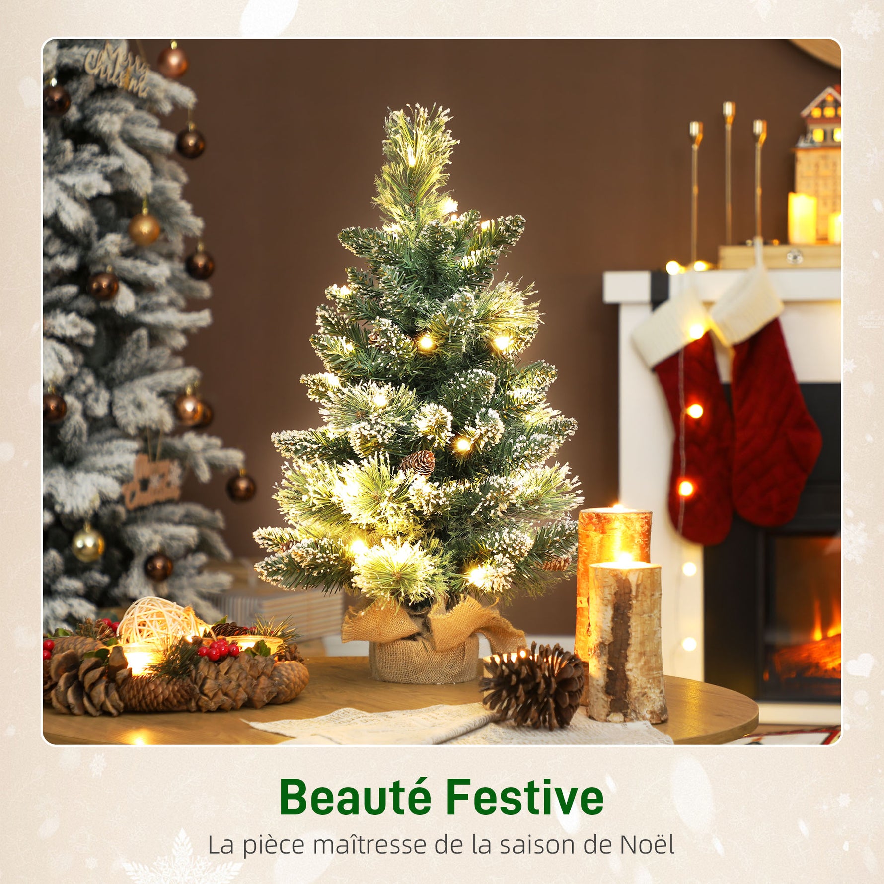Sapin de Noël artificiel 60 cm, mini arbre de Noël de table floqué avec 35 LED, pommes de pin, fonctionne à piles, vert