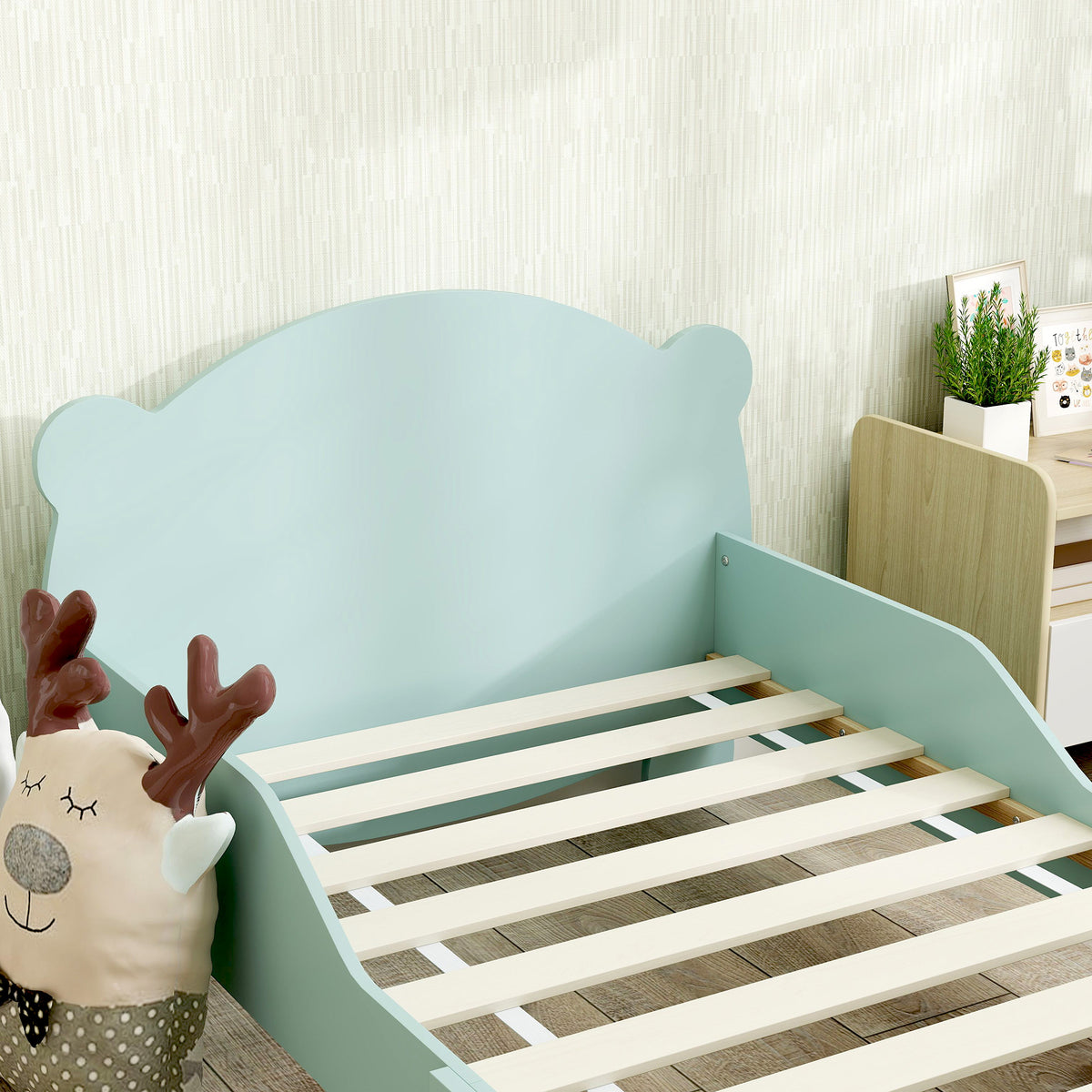 Lit enfant 70x140 cm avec barrières de sécurité thème d'ours pour garçons, filles, âgés de 3 à 6 ans, vert