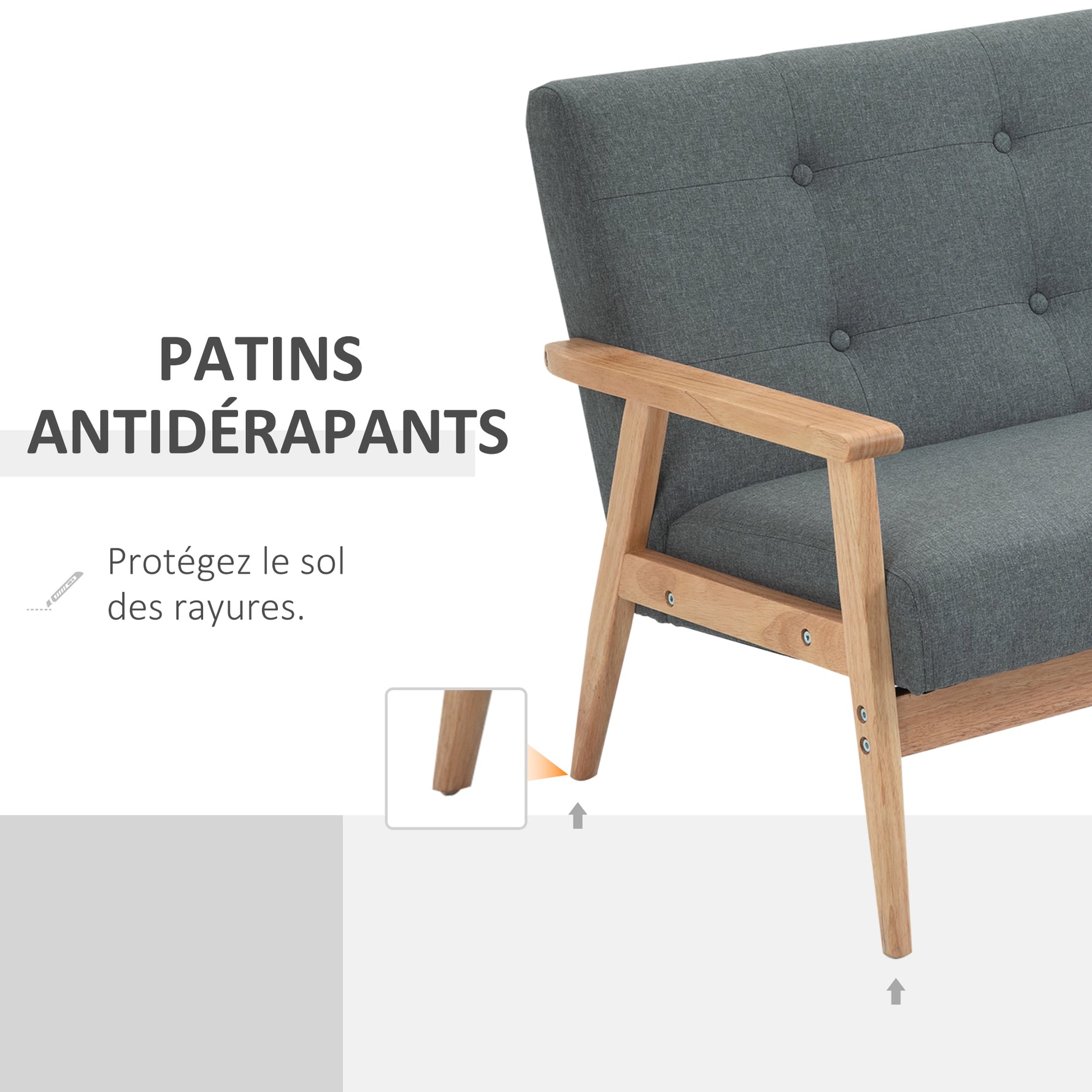 Canapé 2 places style scandinave avec accoudoirs, pieds en bois, 115l x 66,5P x 73H cm, gris