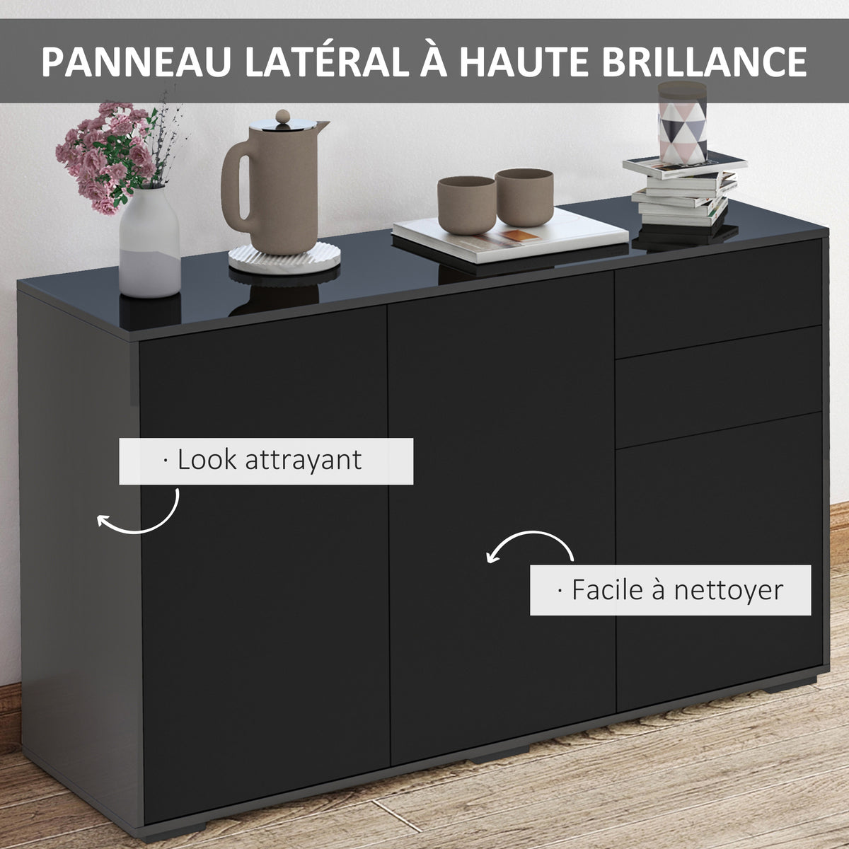 Buffet meuble de rangement 2 tiroirs coulissants 3 portes étagère réglable panneaux de particules 117 x 36 x 74 cm noir
