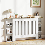 Radiatorombouw met open opbergplanken, houten radiatorafwerking met lamellen, 152x19x83cm, wit