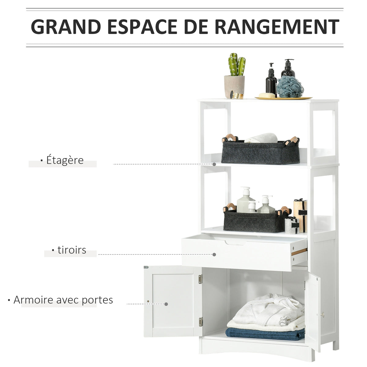 Meuble de Rangement Salle de Bain - 2 Portes, tiroir, 3 étagères - dim. 60L x 33l x 122H cm - MDF Blanc
