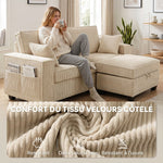 Canapé 3 Places avec Pouf de Rangement, Canapé d'Angle en Velours Côtelé, Assise Large, 2 Coussins, Beige