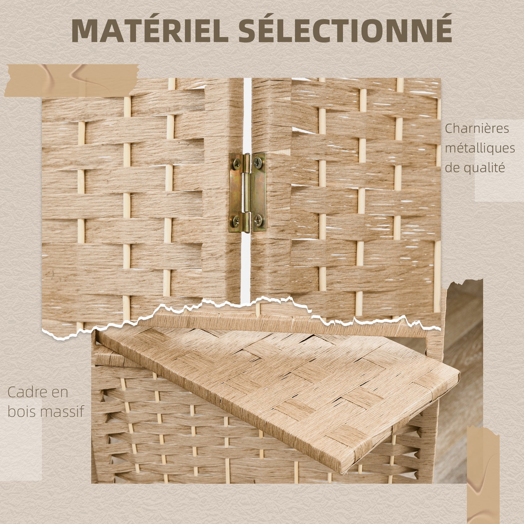 Paravent séparateur de pièce 4 panneaux 160 x170 cm avec 2 étagères, pliable, en bois