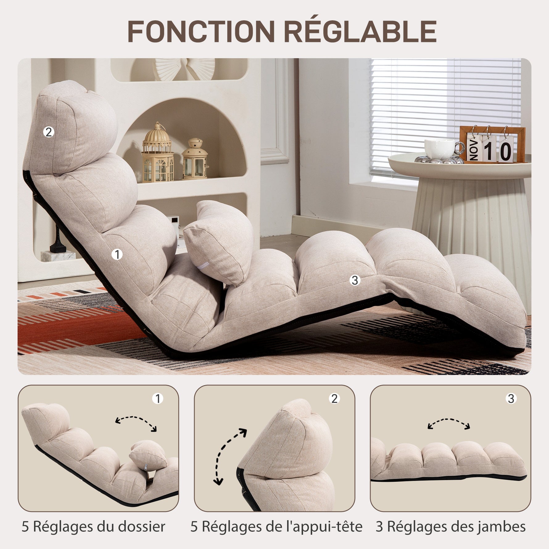 Chauffeuse 1 place fauteuil convertible avec dossier et appui-tête réglables sur 5 positions, 58x119x78cm, beige