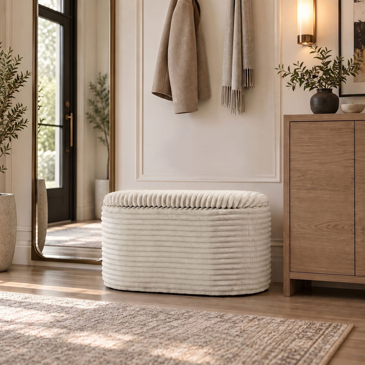 Fluwelen opbergbank, 3-in-1 poef met opbergruimte en 2 geïntegreerde krukjes, 82x43x44cm, beige