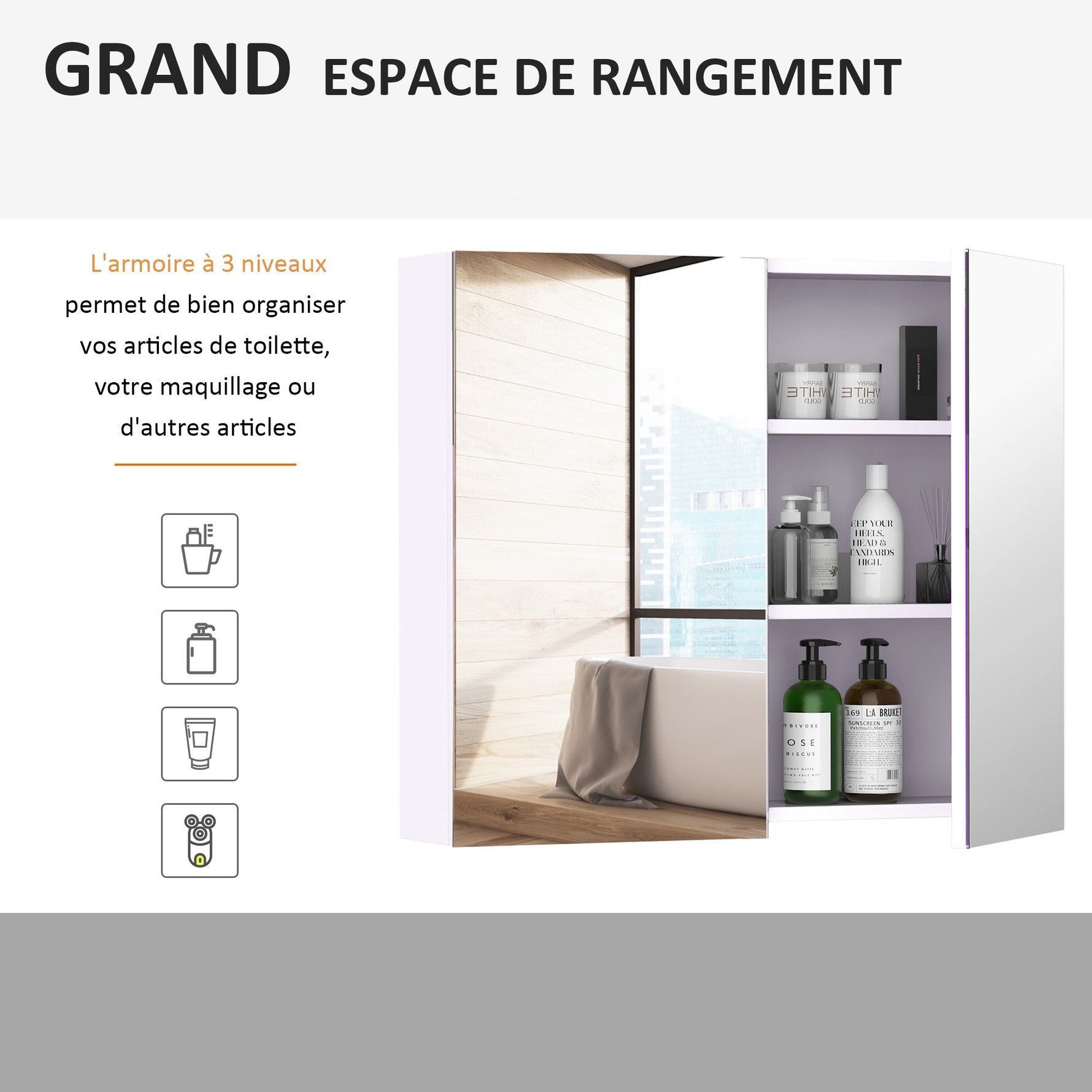 Armoire murale salle de bain avec miroir 70 x 60 cm avec étagère réglable, miroir salle de bain avec rangement, blanc