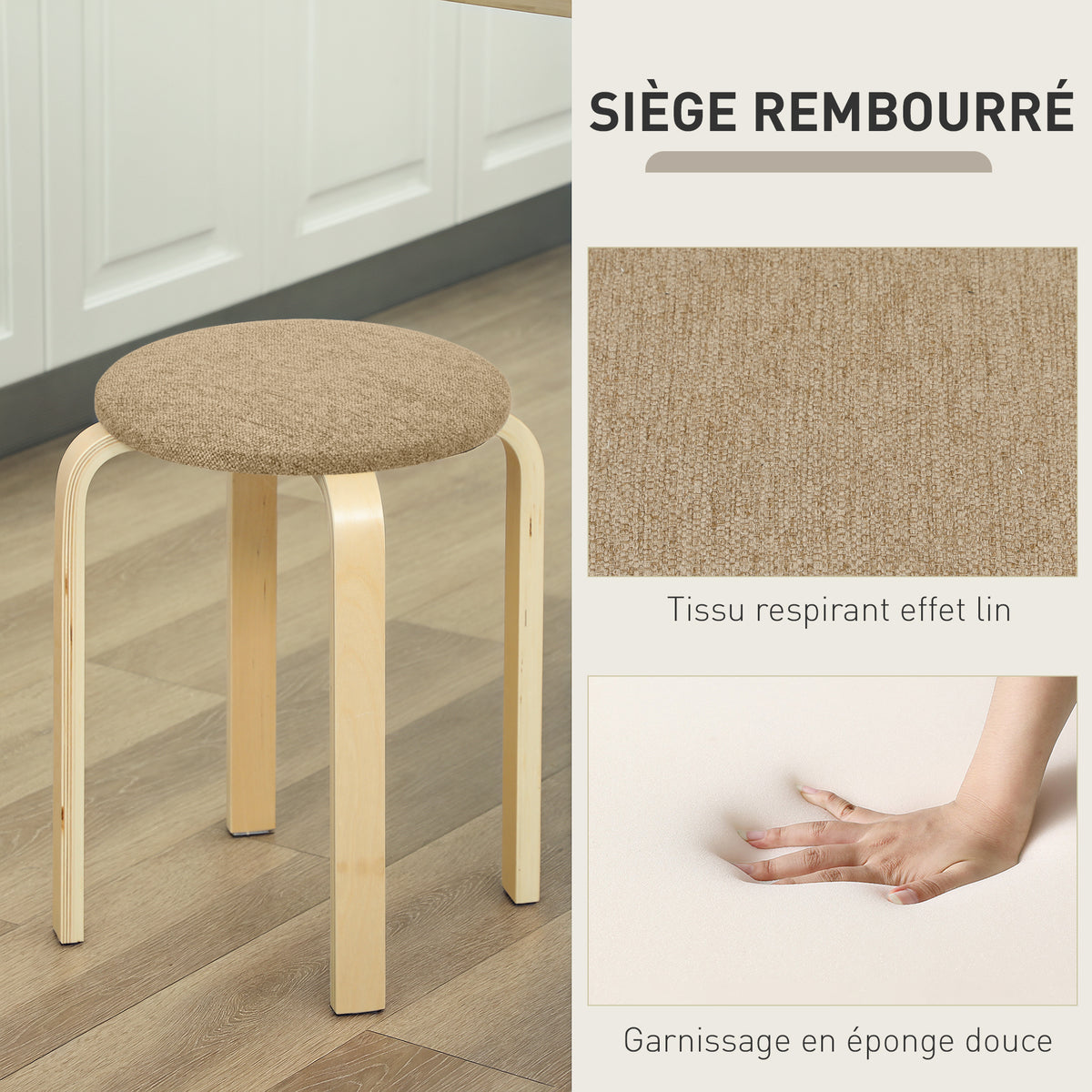 Ensemble de 4 Tabourets Empilables Modernes, Tabourets Ronds sans Dossier avec Assise Rembourrée, 40 x 40 x 45 cm, Kaki