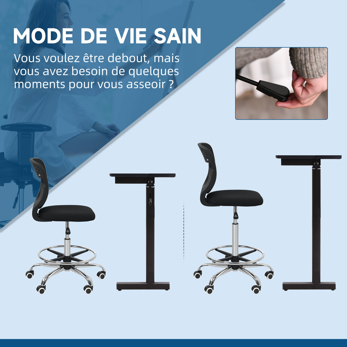 Chaise de bureau ergonomique en maille, chaise de dessin, hauteur et repose-pieds réglable, 59 x 59 x 106-126 cm, noir