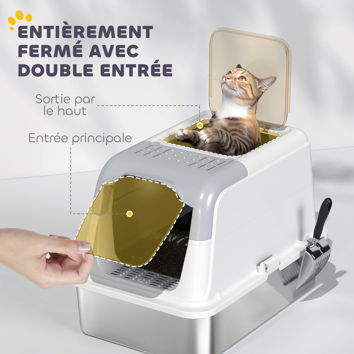 Maison de toilette pour chat bac à litière fermé bac acier inoxydable, nettoyage facile, 60,4 x 40,4 x 41,8 cm, blanc