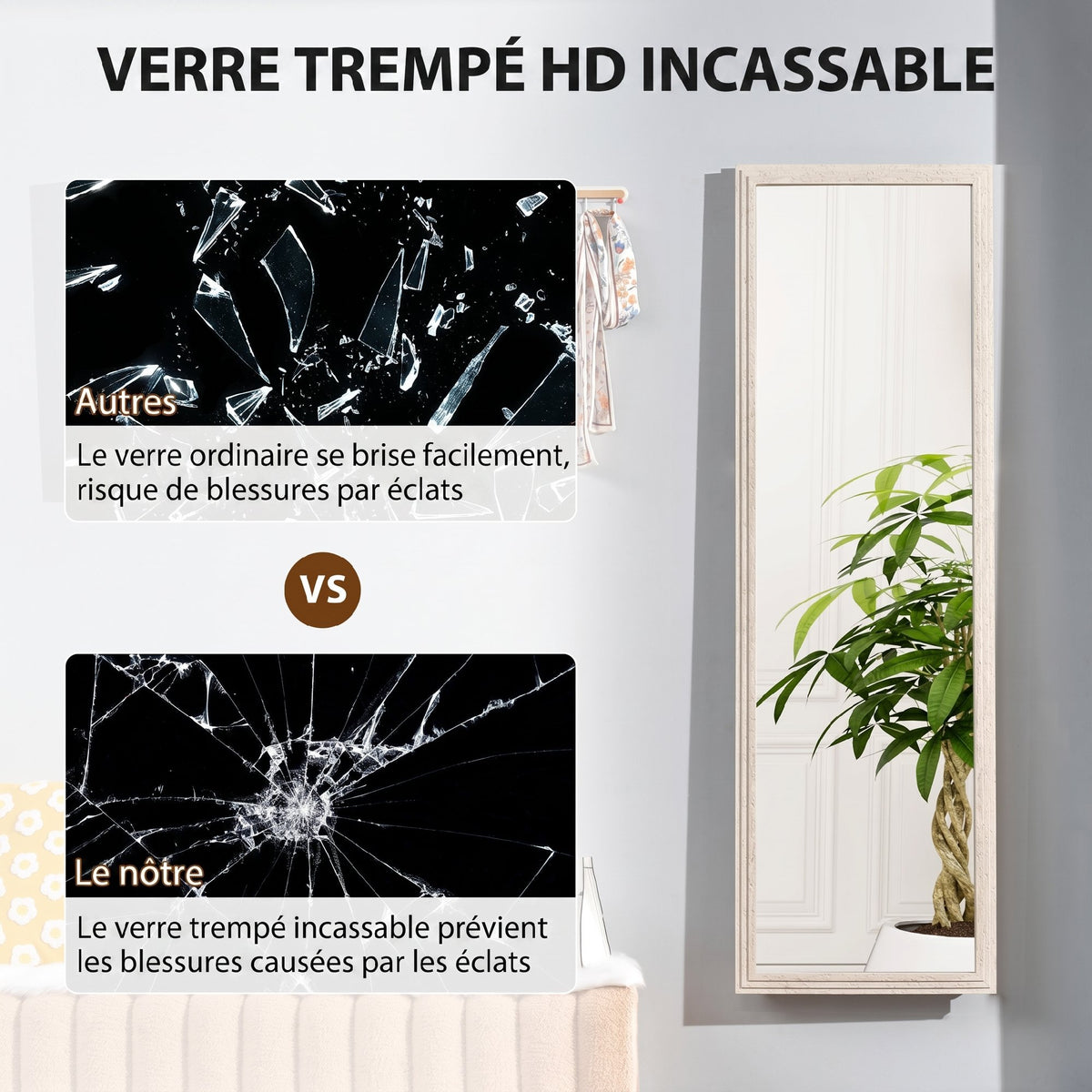 Miroir sur Pied Rectangulaire 160 x 50 cm, Cadre Texturé à Effet Pierre, Angle d'Inclinaison Réglable, Blanc