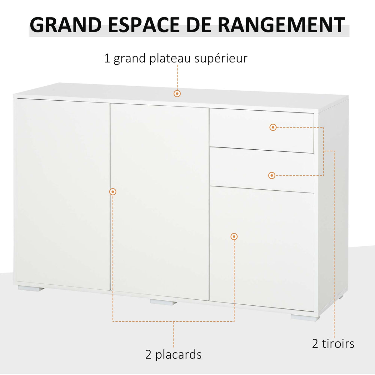 Credenza mobile contenitore 2 cassetti scorrevoli 3 ante ripiano regolabile pannelli di particelle 117 x 36 x 74 cm bianco