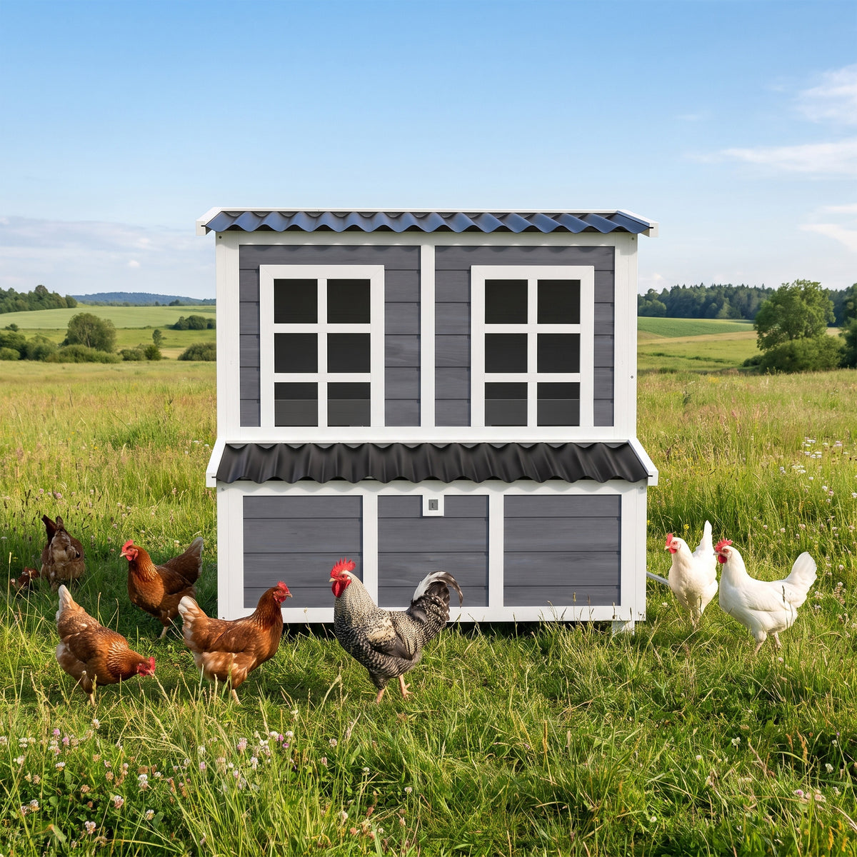 Poulailler en bois XL avec nichoir 3 compartiments tiroir amovible toit imperméable porte-rampe 100x86x100cm gris